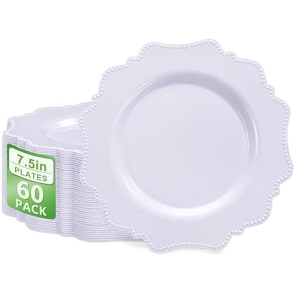 60pcs 7.5 Inch White Plastic Dessert Plates,Premium Plastic Salad Plates,Heavy Duty Disposable Appetizer Plates for Thanksgiving Wedding and Everyday Use