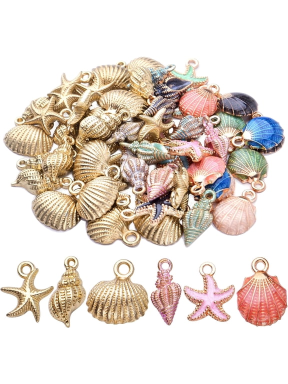 Colorful Enamel Ocean Starfish Shell Conch Charms, Gold Plated Alloy Sea Animal Theme Dangle Pendants for Diy Crafts Jewelry Making, 60 Pieces