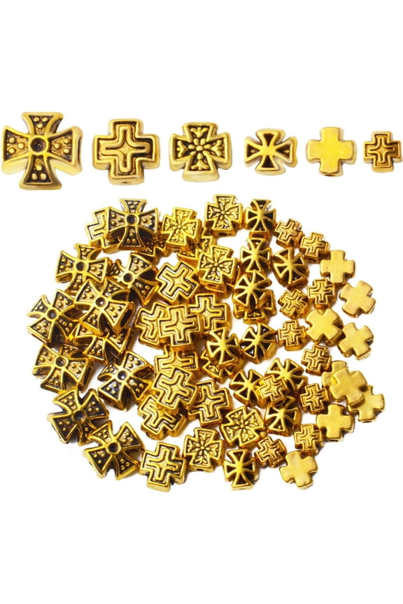 60pcs Antique Gold Cross Spacer Beads Alloy Tibetan Style Cross Charm Beads Jewelry Crosses Spacer Beads for Rosary Bracelet Jewelry Making Supplies, 6 Styles