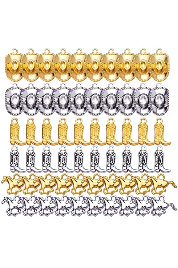 60pcs Antique Gold Western Cowboy Charms Tibetan Alloy Horse Hat Pendants Vintage Cowboy Boot Charms Crafts Supplies for DIY Bracelet Necklace Jewelry Making, Antique Silver, 3 Styles