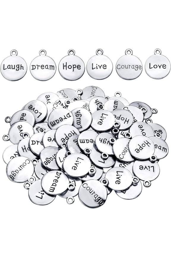60pcs Antique SilverInspirational Words Pendants Round Double-sided Lettering Charms Jewelry Findings for Crafting Necklace Bracelet