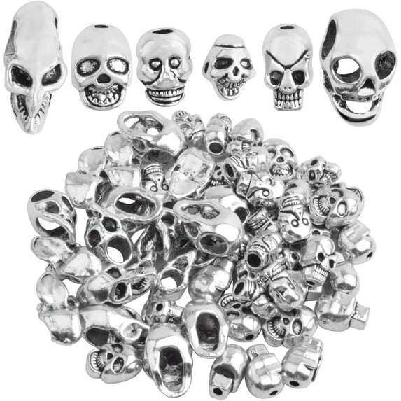 60pcs Antique Silver Skull Beads Vintage Alloy Skeleton Skull Head Spacer Beads Loose Charm Beads for DIY Bracelet Necklace Jewelry Making Halloween Decor, 6 Styles