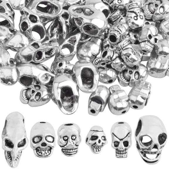 60pcs Antique Silver Skull Beads Vintage Alloy Skeleton Skull Head Spacer Beads Loose Charm Beads for DIY Bracelet Necklace Jewelry Making Halloween Decor, 6 Styles