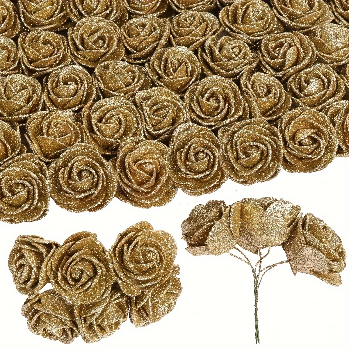 60pcs Artificial Flowers Fake Glitter Roses With Stems For DIY Wedding