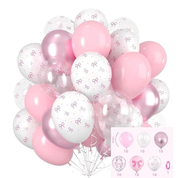 60pcs Baby Shower Balloons with Pink White Clear Bow Balloons for Pink Coquette Wedding Birthday Party Decorations