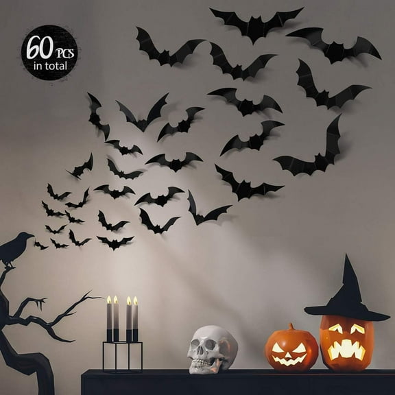 60pcs Bats Halloween Decorations: Halloween Bats Wall Dcor Bat Stickers Decals PVC 3D Wall Bat Scary Stickers Halloweens Party Decorations Indoor Outdoor DIY Home Window Door Decor