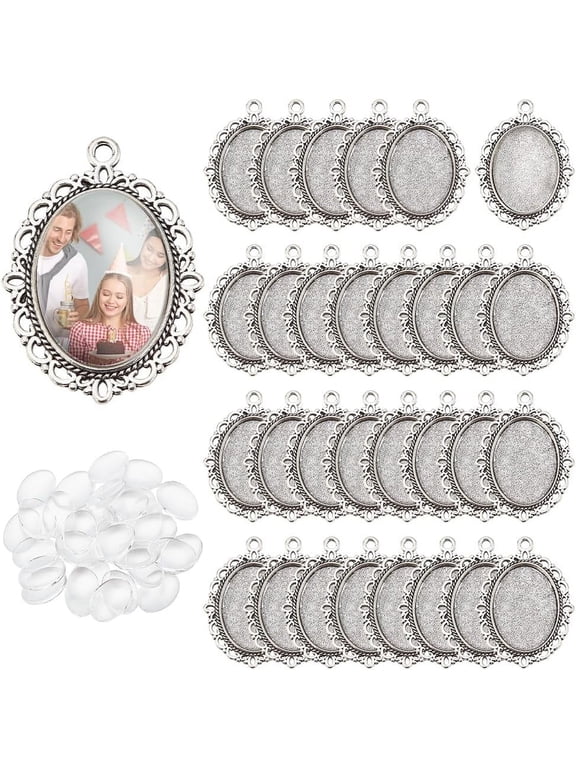 60pcs Bezel Pendant Blanks Settings - 30pcs Oval Pendant Trays Photo Charms with 30pcs Glass Cabochons for Mom Bouquet Bridal Wedding Brides Graduation Charm Jewelry Making 25x18mm diy