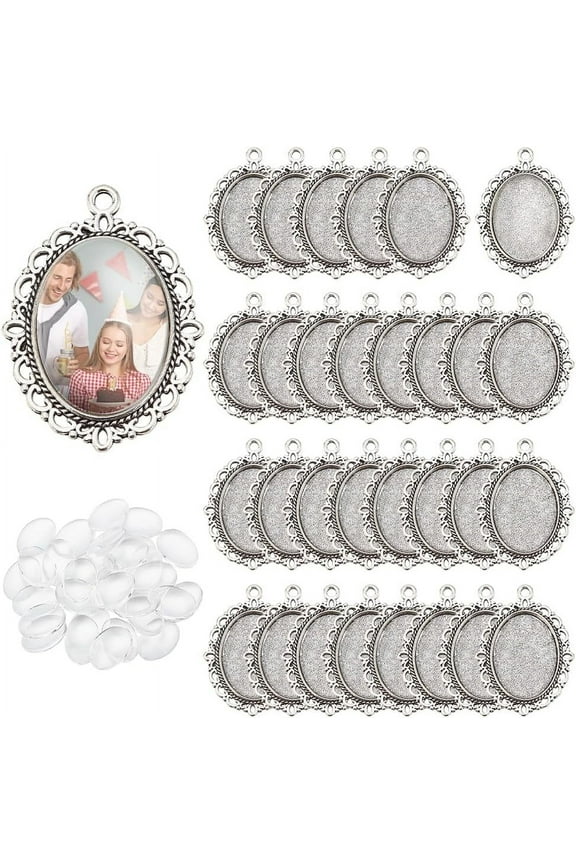 60pcs Bezel Pendant Blanks Settings - 30pcs Oval Pendant Trays Photo Charms with 30pcs Glass Cabochons DIY