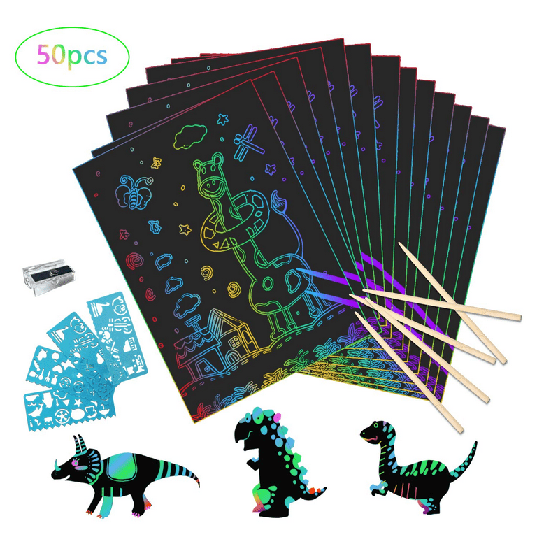 HEQUSIGNS 2Pcs Scratch Paper Art, Magic Rainbow Scratch Notebook Set,Large  Painting Paper Boards Art Book with 2 Pens 4 Drawing Stencils for Ages 4-12