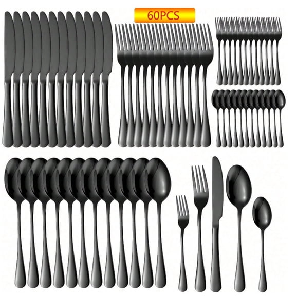 60pcs Black Silverware Set Service For 12, Premium Stainless Steel Flatware Set, Cutlery Utensil Set, Durable Home Kitchen Eating Tableware Set