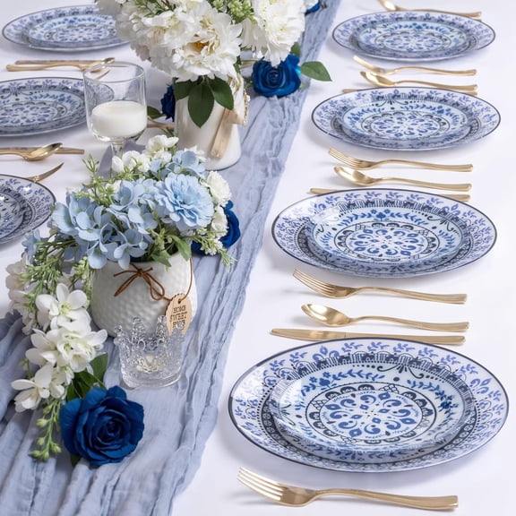 60pcs Blue Plastic Plates Set - Floral Blue & White Porcelain Design, 10.25" Dinner & .5" Dessert Plates Disposable for Wedding/Party (Dishwasher Safe, Traditional Style)