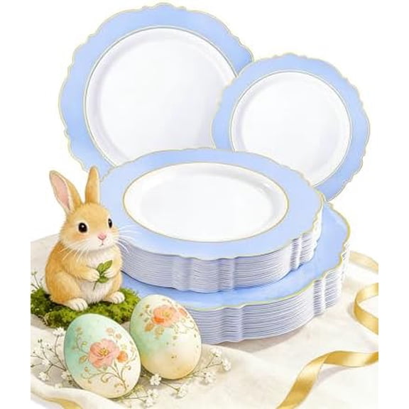 60pcs Blue Plates Disposable With Gold Rim - Baroque Baby Blue Plastic Party Plates for Wedding/Party/Baby Shower/Easter