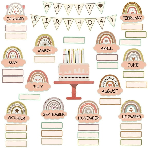 60pcs Boho Classroom Decor Set, Rainbow Bulletin Board Decorations- Includes Classroom Chart Wall Cutouts for School Calendar and Birthday Border, Back to School Bulletin Board Wall Decor