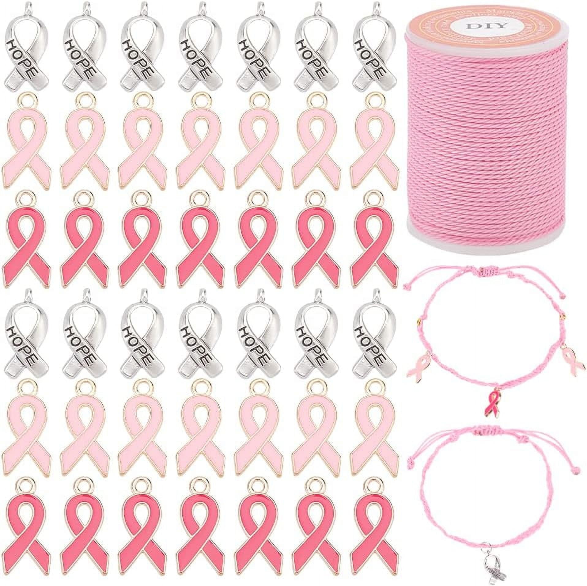 100 Pcs Breast Cancer Awareness Hope Ribbon Charms - Antique Silver Pendants For DIY Jewelry Making