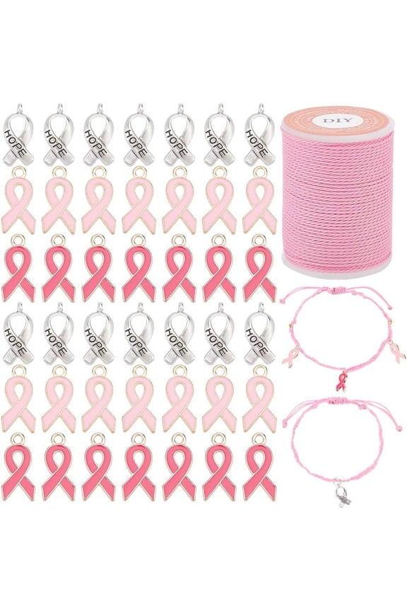 60pcs Breast Cancer Awareness Charms Pink and Silver Ribbon Pendants Enamel Awareness Dangle Charms with Waxed Cord Alloy Hope Pendants for Women Bracelet Necklace Jewelry Making Crafts