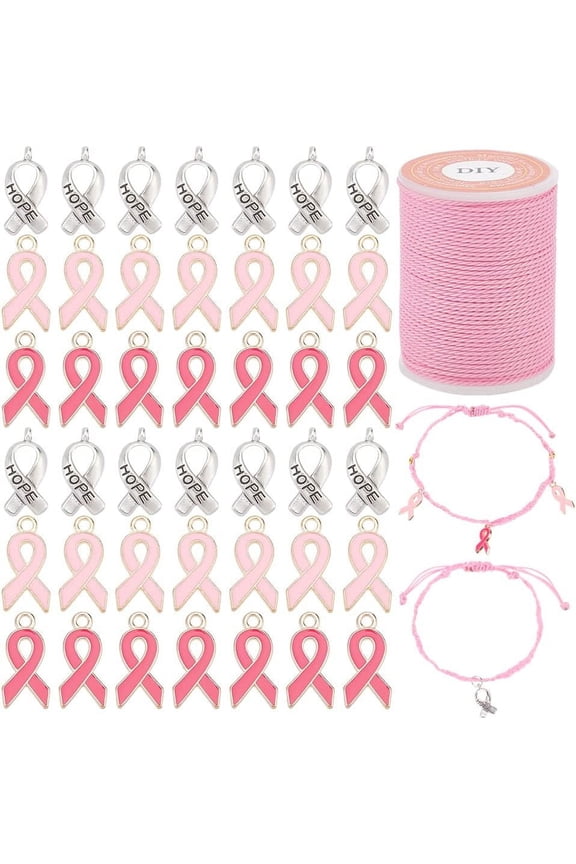 60pcs Breast Cancer Awareness Charms Pink and Silver Ribbon Pendants Enamel Awareness Dangle Charms with Waxed Cord Alloy Hope Pendants