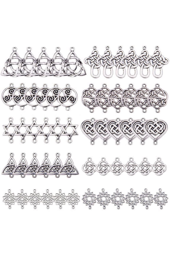 60pcs Celtic Knot Connect Charms Findings Antique Silver Irish Wiccan Flower Good Luck Triangle Heart Love Knot Links Craft Supplies for DIY Jewelry Necklace Bracelet Making