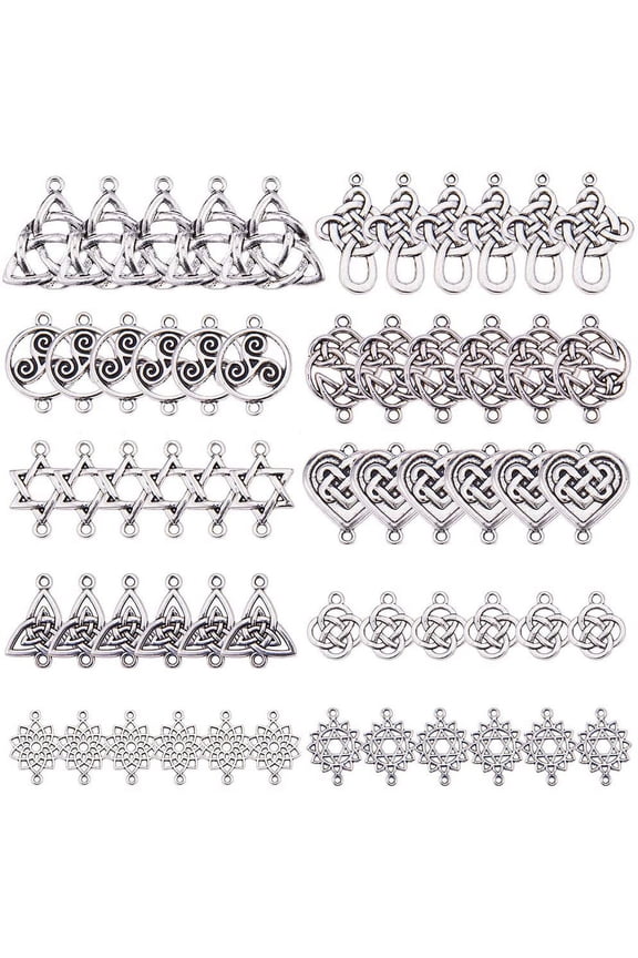 60pcs Celtic Knot Connect Charms Findings Silver Irish Wiccan Flower Good Luck Triangle Heart Love Knot Links Christmas New Year Craft Supplies for Jewelry Necklace Bracelet Making DIY