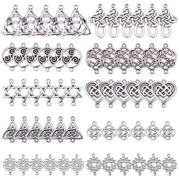 60pcs Celtic Knot Connect Charms Findings Silver Irish Wiccan Flower Good Luck Triangle Heart Love Knot Links Christmas New Year Craft Supplies for Jewelry Necklace Bracelet Making for DIY