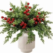 60pcs Christmas Artificial Pine Branches & Artificial Red Berry Stems, Norfolk Pine Needles Picks for DIY Christmas Decoration Xmas Garland Fake Greenery Decor Indoor