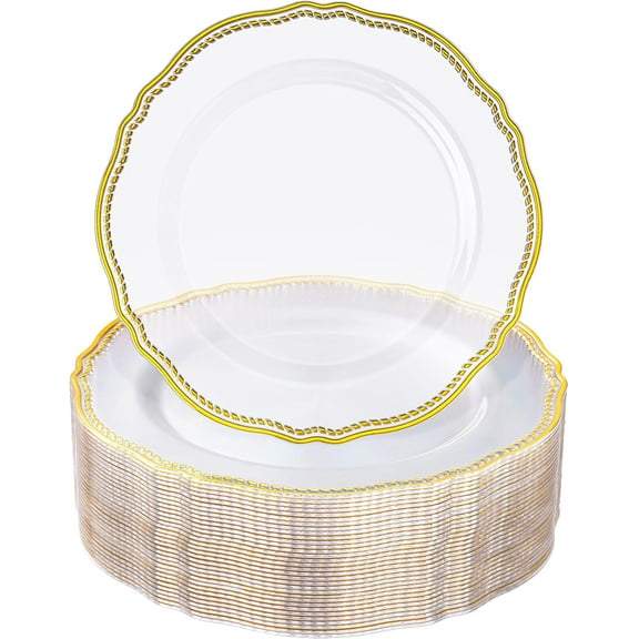 60pcs Clear Plastic Plates - Clear and Gold Disposable Dinnerware with Gold Rim, Heavy-duty, 7.5 inch, Dessert Plates for Party & Wedding