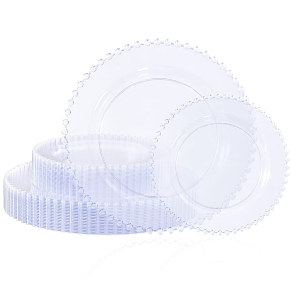 60pcs Clear Plastic Plates - Fancy Beaded Disposable Heavy Duty Hard Plate For Party Wedding & Birthday Including 30 Dinner10 30 Dessert 7"