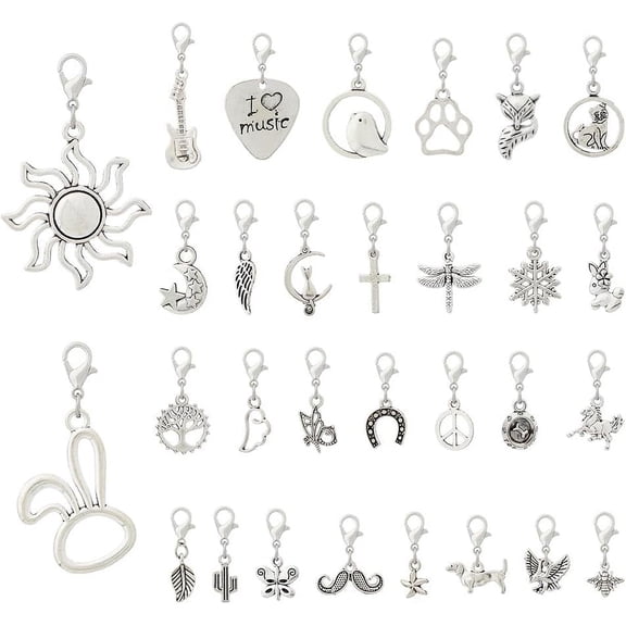 60pcs Clip on Charms with Lobster Clasps 30 Styles Assorted Antique Silver Charms Pendants Mixed Styles Alloy Dangle Pendants Jewelry Accessories for DIY Necklace Crafts