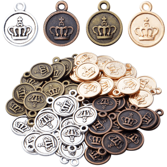 60pcs Crown Pendant Charm Alloy Round Crown Charms Beads King Charms Craft Supplies for DIY Necklace Bracelets Jewelry Pendant Making,4 Colors