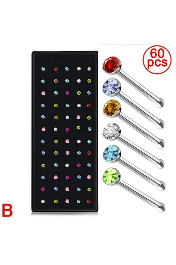 60pcs Crystal Rhinestone Nose Ring Bone Stud Steel Body Piercing Gift.-NEW