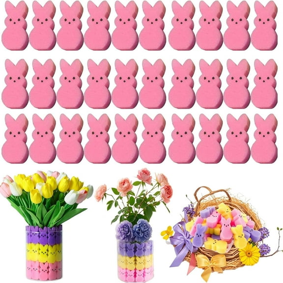 60pcs Easter Peep Sponges, Multicolor Easter Little Bunnies Peep Sponges Decor, Artificial Peeps Sponges Vase Filler Centerpiece Table Decorations, Easter Rabbit Spring Home Decoration (Pink)