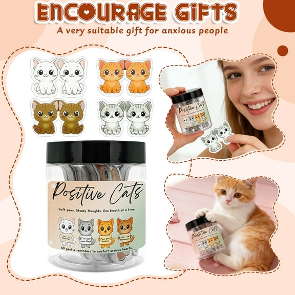 60pcs Emotional Support Cat Affirmation Jar - Stress Relief Gift for Women, Cat Lovers, Mom & Teens | Cat-Themed Birthday/Christmas Gift