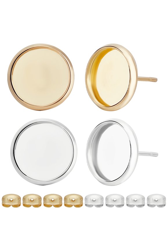 60pcs Flat Round 304 Stainless Steel Stud Earring Settings with 60pcs Ear Nuts Golden & Silver Tray: 10mm 12x2mm Pin: 0.8mm 30pcs/color