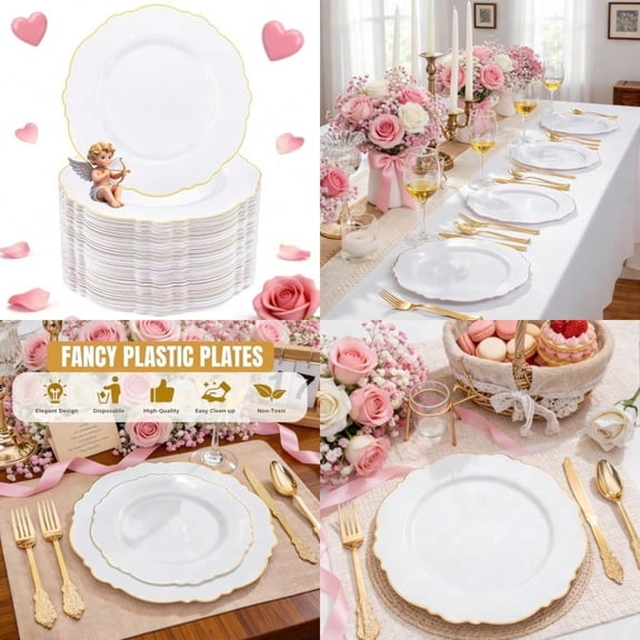 60pcs Gold Plastic Dinner Plates -10.25inch Baroque White and Gold Plates Fancy Heavy Duty Plastic Plates for Upscale Valentine's Day Wedding Birthday