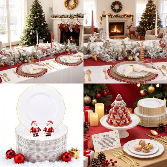 60pcs Gold Plastic Dinner Plates -10.25inch Baroque White and Gold Plates Fancy Heavy Duty Plastic Plates for Upscale Christmas Wedding Birthday