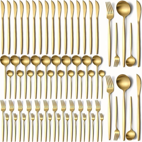 60pcs Gold Silverware Set, Titanium Gold Plated Stainless Steel Flatware, Service for 20, Cutlery Set for Wedding, Party, Restaurant, Dishwasher Safe