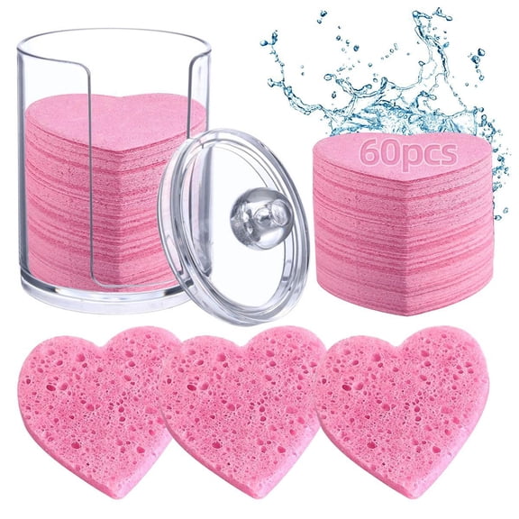 60pcs Heart-Shaped Compressed Face Sponges with Acrylic Container | Natural Cellulose Facial Sponges | Reusable Exfoliator & Makeup Remover for All Skin Types (Pink)