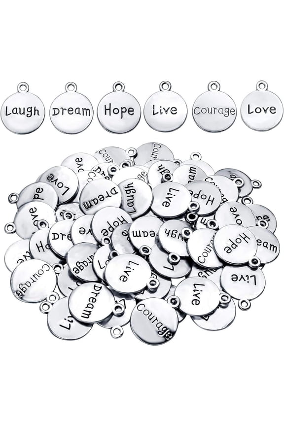 60pcs Inspirational Words Pendants Round Double-sided Lettering Charms Jewelry Findings for Crafting Necklace Bracelet,Antique Silver