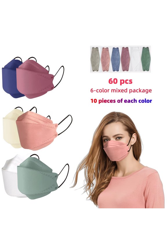 60pcs KF94 Disposable Face Masks Individually Wrapped Fish-Shaped 4-Layer Breathable Masks with Adjustable Nose Bridge for Daily Protection Assorted Colors Non-Medical Use
