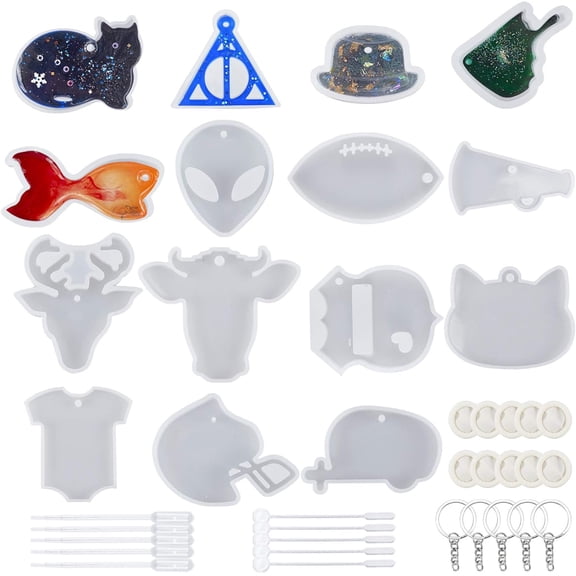 60pcs Keychain Charm Silicone Molds Key Chain Resin Casting Molds Kit Hanging Tags Pendant Molds with Resin Tools for Keychain DIY Pet Tags Making Party Decorations and Jewelry Making Making DIY