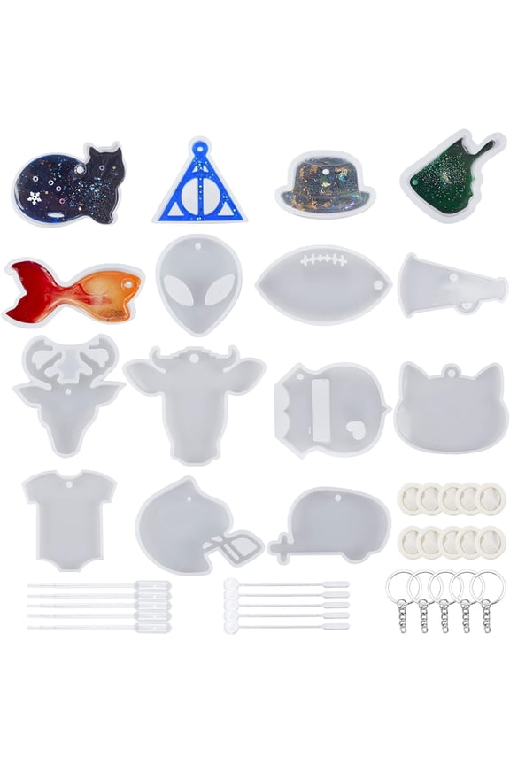 60pcs Keychain Charm Silicone Molds Key Chain Resin Casting Molds Kit Hanging Tags Pendant Molds with Resin Tools for Keychain DIY Pet Tags Making Party Decorations and Jewelry Making Making DIY