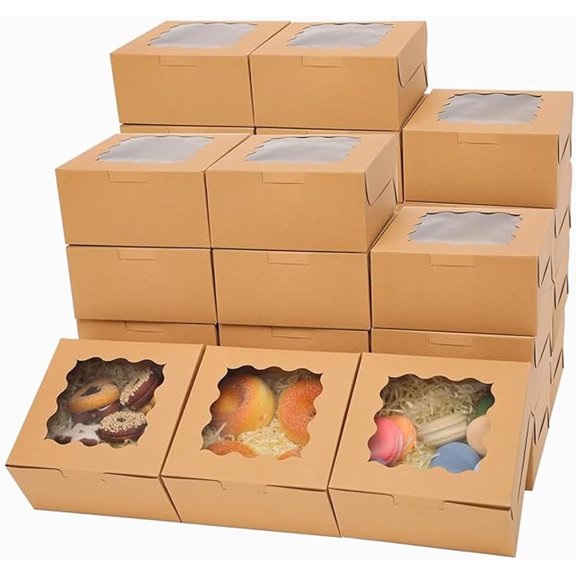 60pcs Kraft Bakery Boxes with Window 6x6x3 inches Thick & Sturdy Macaroon Pastry Cookie for Bakerys