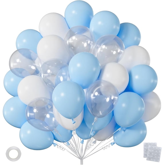 60pcs Light Blue White Balloons, 12 Inch Pastel Baby Blue White & Clear Balloon Kit for Baby Shower Gender Reveal Birthday Party Decorations (with Ribbon & Adhesive Dots)