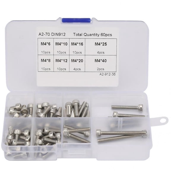 60pcs M4-40 Cylindrical Stainless Steel Hex Socket Cup Head Screws Assortment Kit Screw Set