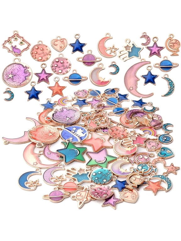60pcs Mixed Enamel Heart Moon Star Charms Celestial Charm Jewelry Charms Pendants DIY for Earrings Necklace Bracelet Jewelry Making and Crafting, 3 Colorspurple, blue, pink