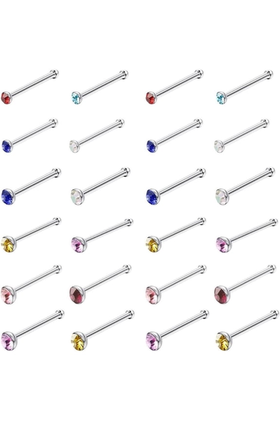 60pcs Nose Studs Straight Nose Rings, Surgical Stainless Steel Rhinestone Nose Piercing Jewelry Hypoallergenic 1.8mm Nose Stud Jewelry for Women and Men