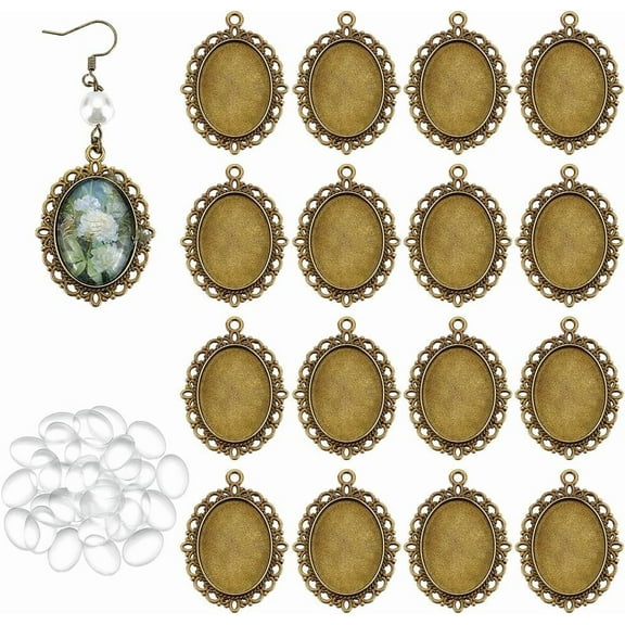 60pcs Pendant Tray Kit 30pcs Oval Pendant Blank Bezels Bronze Trays Bases 30pcs 25x18mm Clear Glass Cabochons for Wedding Bouquet Graduation Cameo Memorial Photo Charm Bronze