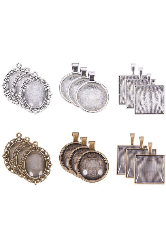 60pcs Pendant Trays 30pcs Photo Charms Pendants Bezel Blanks with 30pcs Glass Cabochon Dome Round Oval Square Tiles for Bouquet Wedding Graduation Jewelry Making Silver Bronze