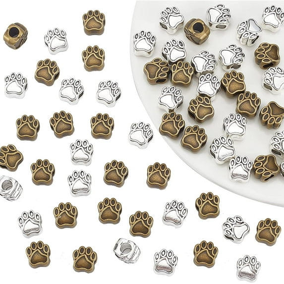 60pcs Pet Dog Puppy Paw Prints Metal Beads Fit Charm for European Bracelet Necklace Jewelry Findings (Antique Silver & Bronze)