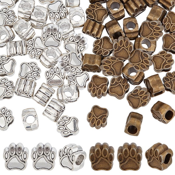 60pcs Pet Dog Puppy Paw Prints Metal Beads Fit Charm for European Bracelet Necklace Jewelry Findings (Silver Bronze) DIY