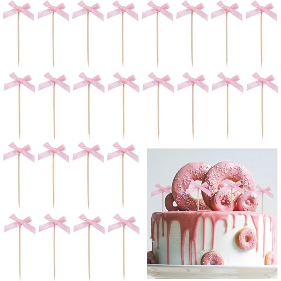 60pcs Pink Bow Cake Toppers,Cupcake Picks Birthday Cake Decoration Supplies for Bow Themed Party Decor Dessert Bread Ice Cream Fruit Biscuit Decoration